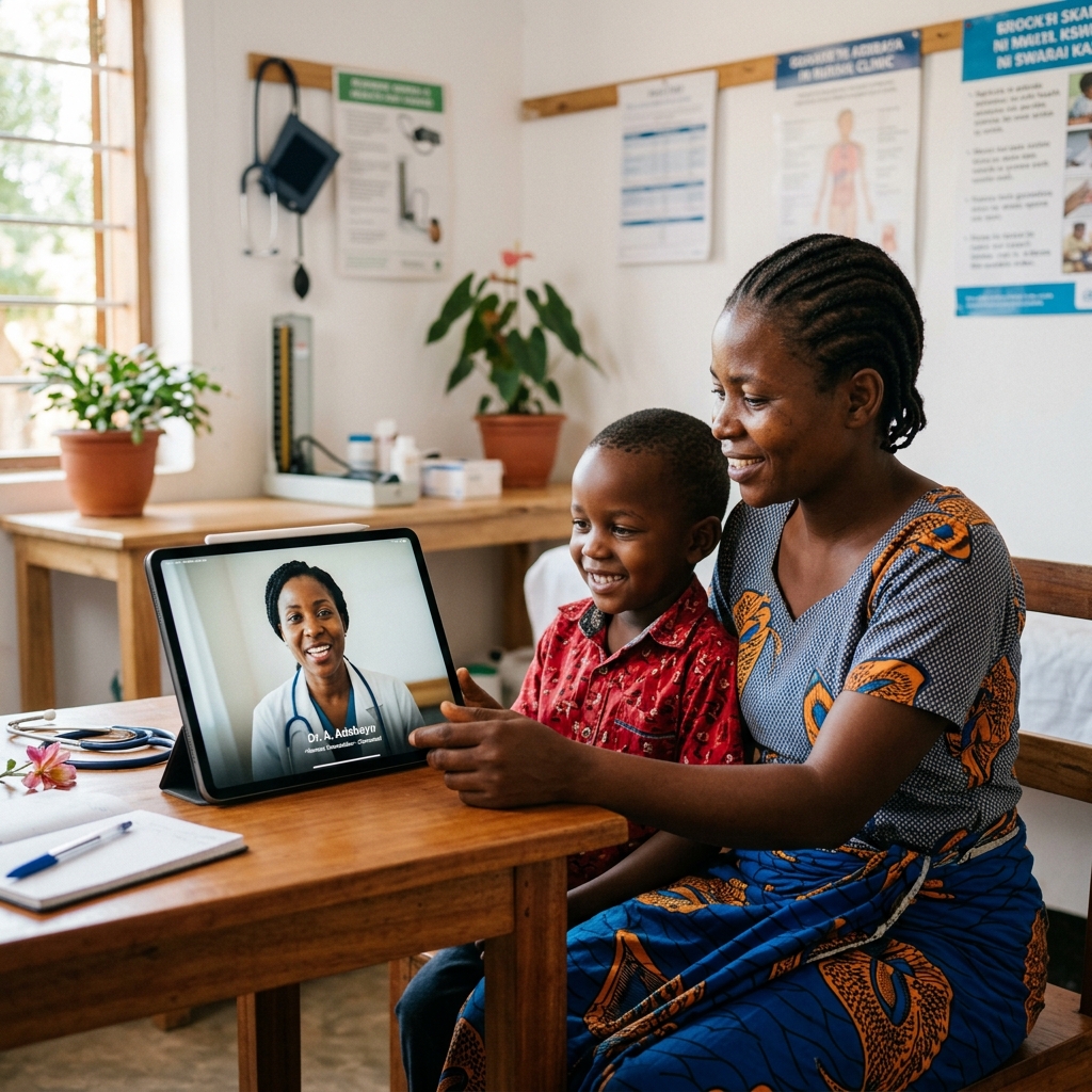 African mother and child in telemedicine consultation with a remote doctor